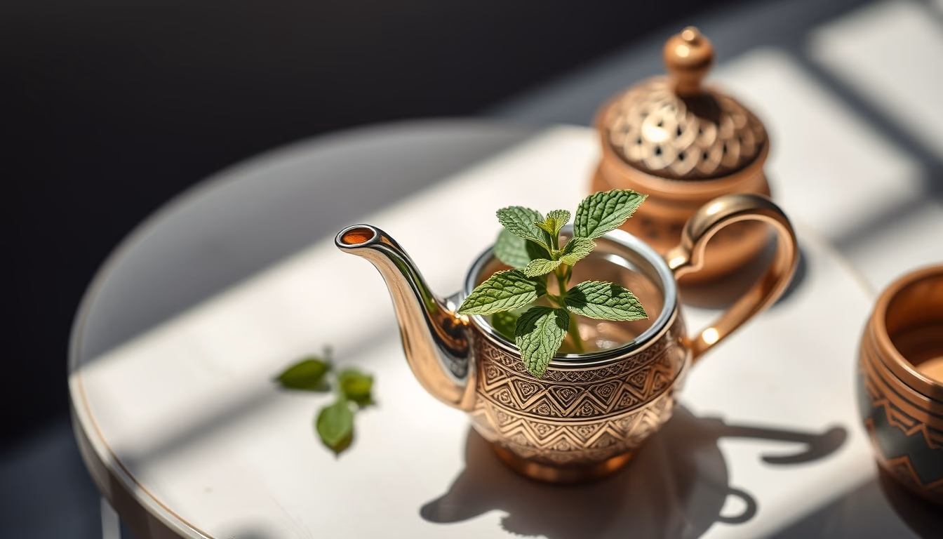 moroccan mint tea pot in editorial style