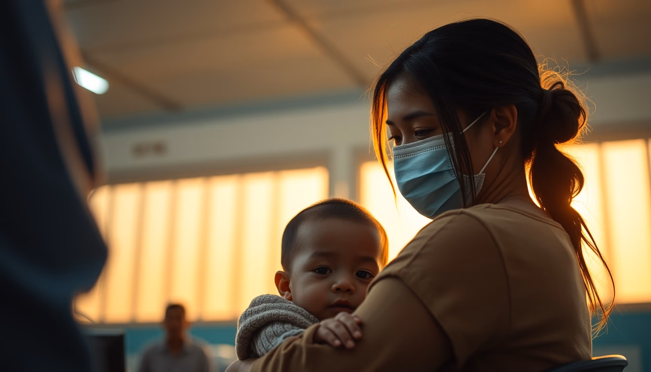 mother and child at vaccination clinic in editorial style