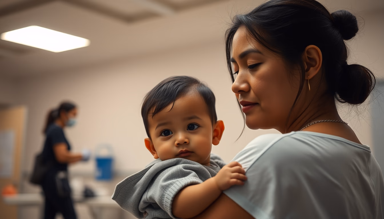 Mother and child at vaccination clinic em estilo editorial