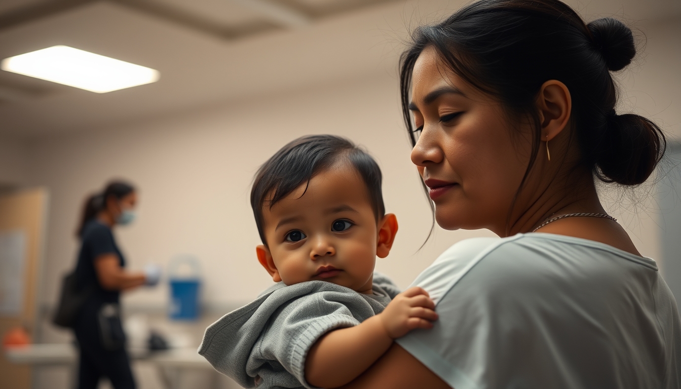 Mother and child at vaccination clinic em estilo editorial