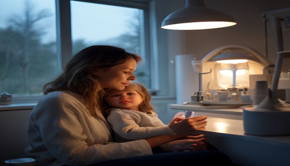mother and child at vaccination clinic in editorial style
