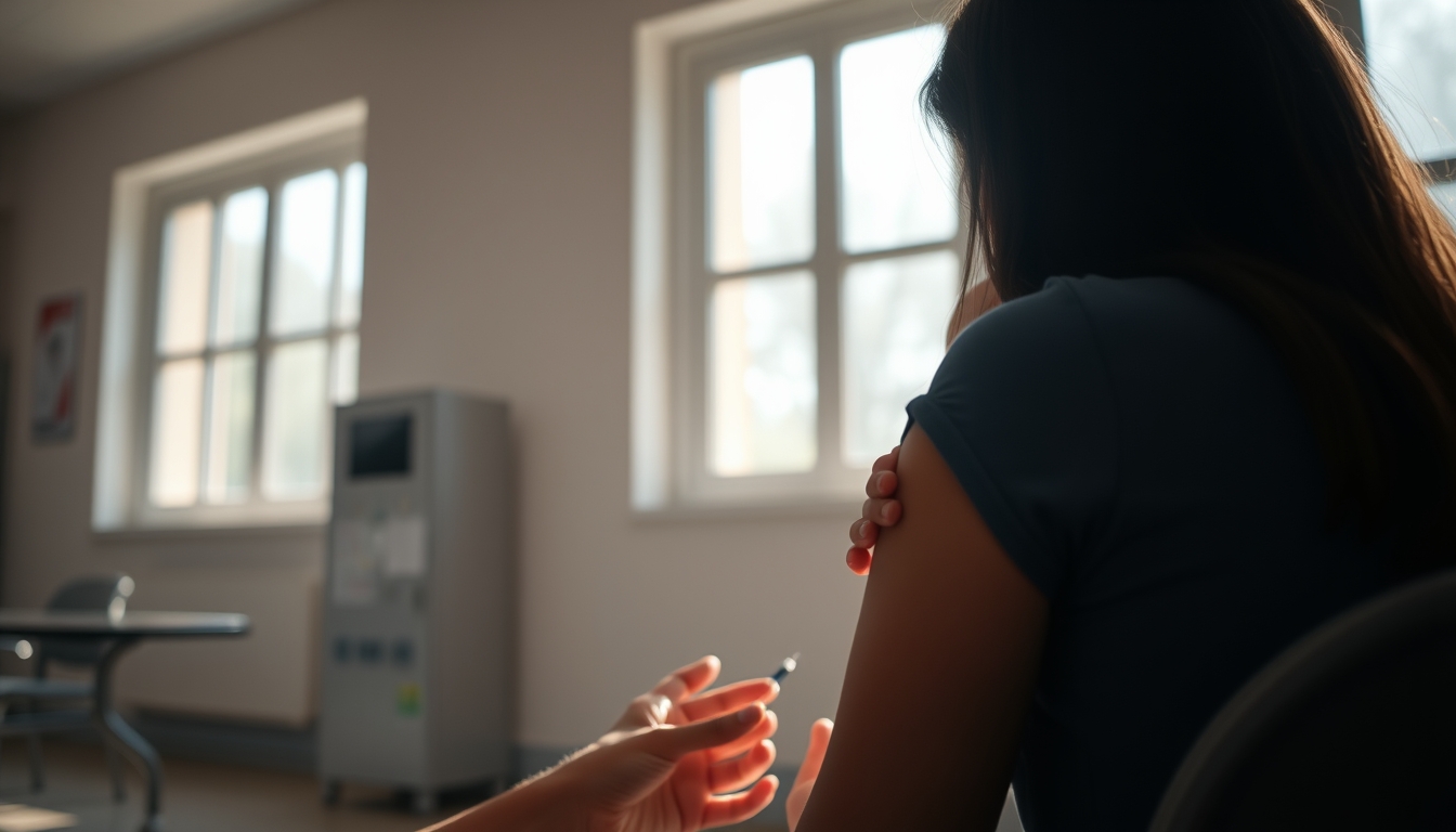 mother and child at vaccination clinic in editorial style