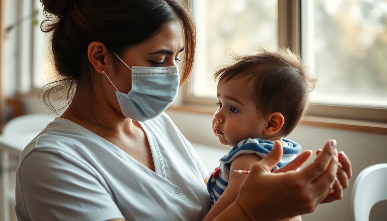 mother and child at vaccination clinic in editorial style