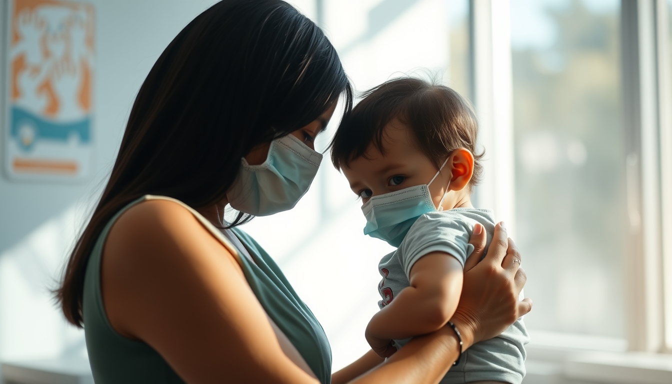 mother and child at vaccination clinic in editorial style