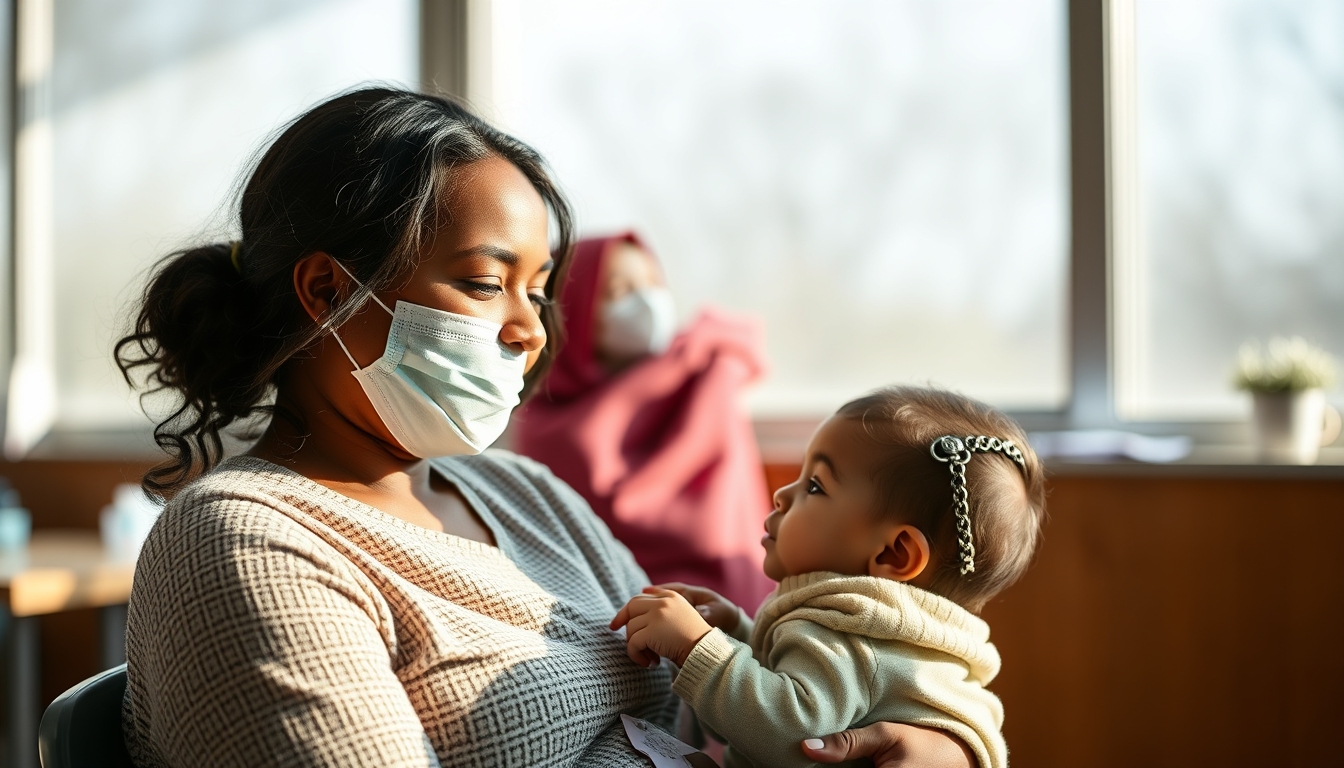 mother and child at vaccination clinic in editorial style