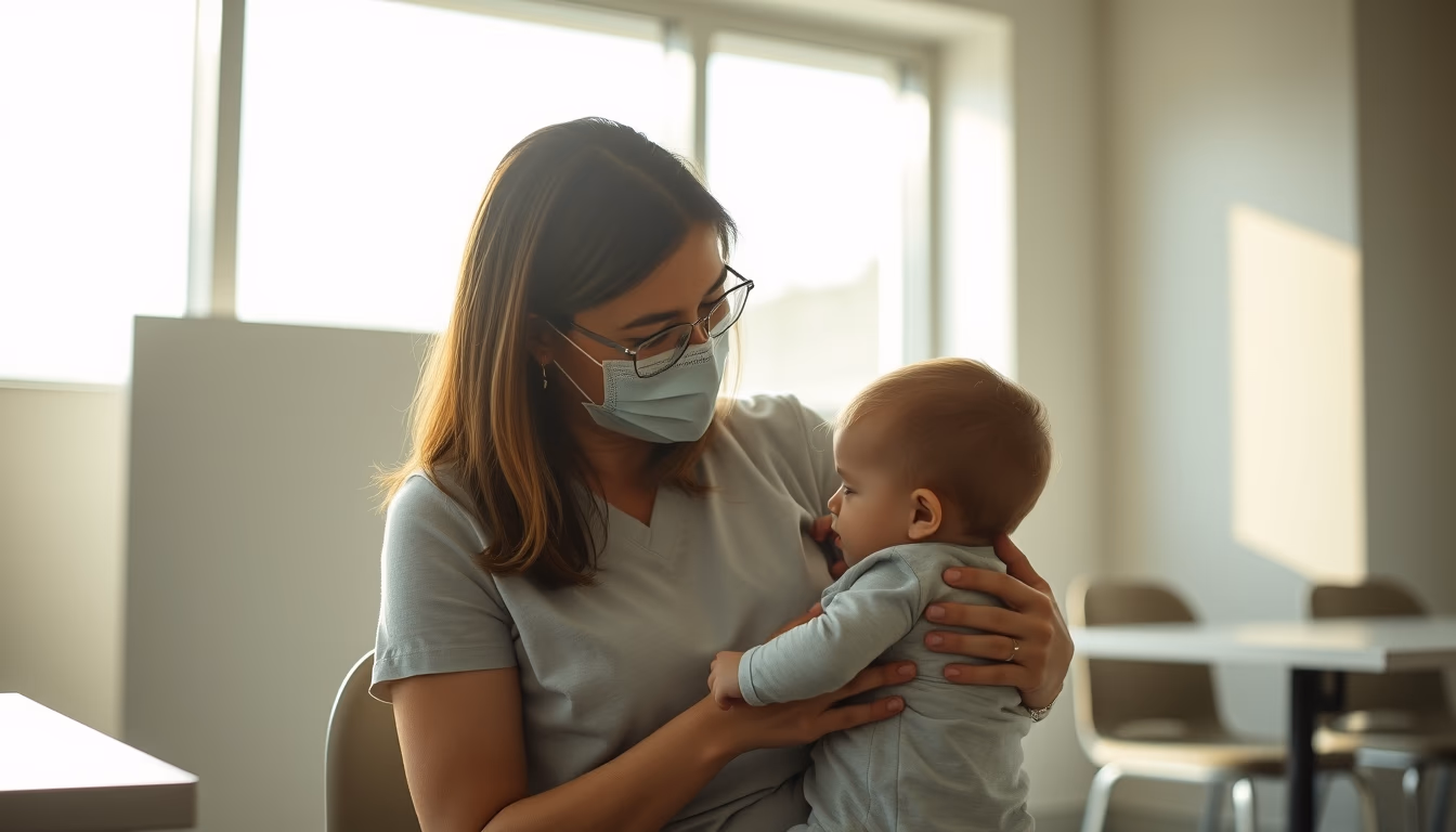 mother and child at vaccination clinic in editorial style