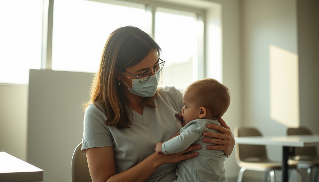 mother and child at vaccination clinic in editorial style