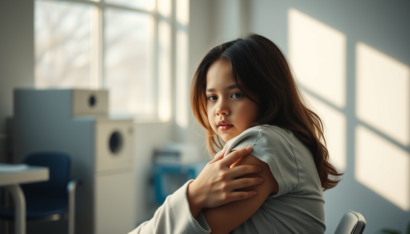 Mother and child at vaccination clinic em estilo editorial