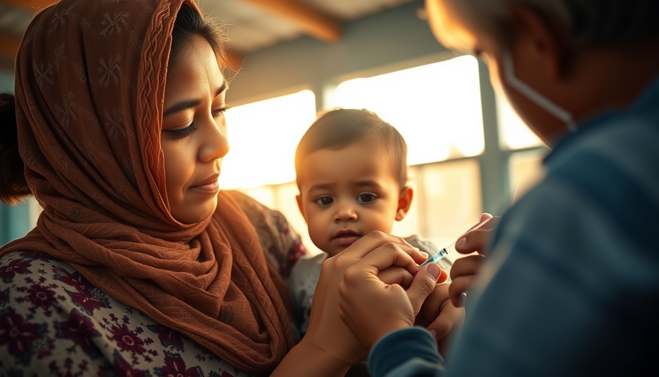 mother and child at vaccination clinic in editorial style