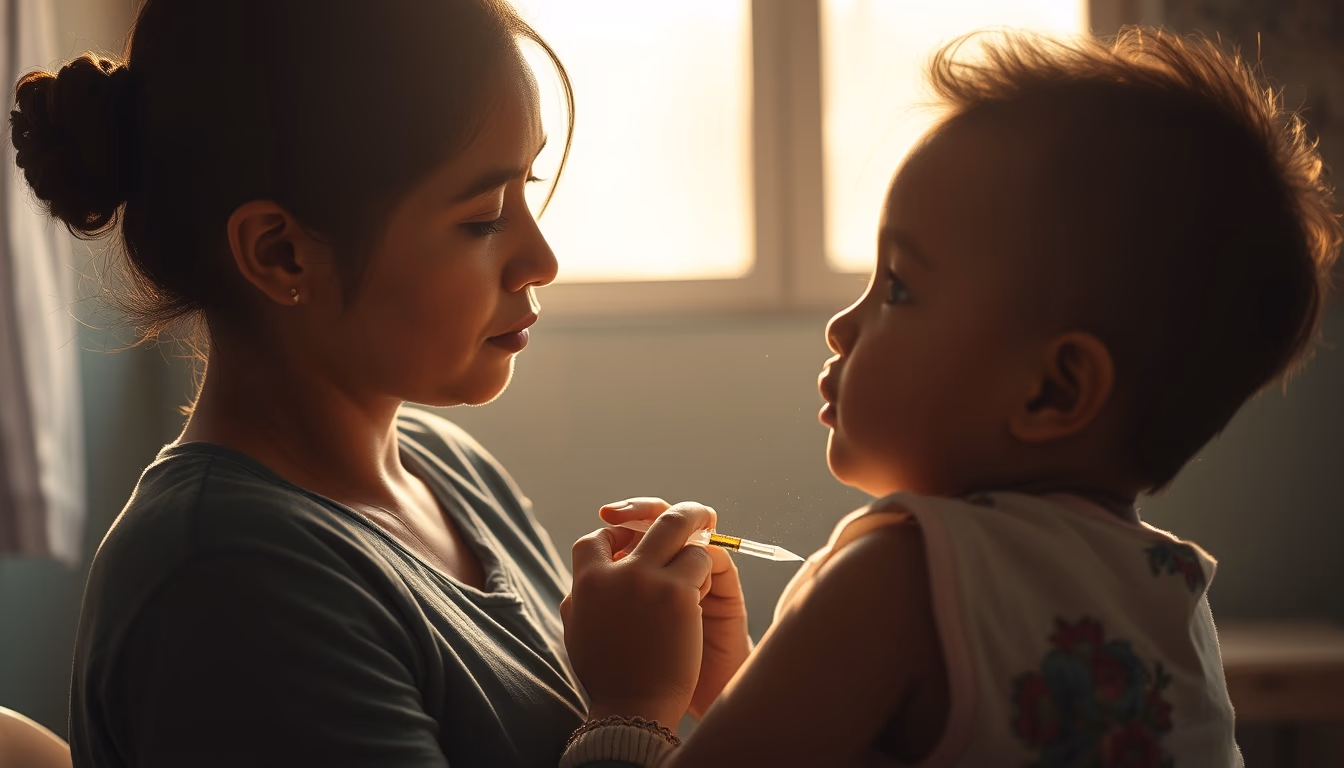 Mother and child at vaccination clinic em estilo editorial