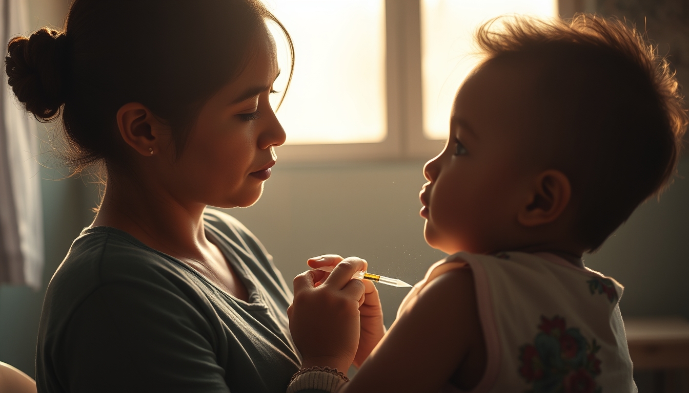 mother and child at vaccination clinic in editorial style