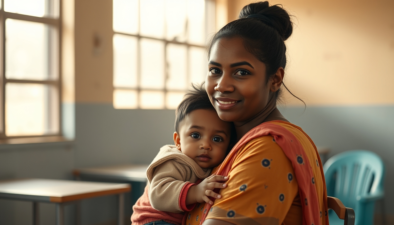 mother and child at vaccination clinic in editorial style