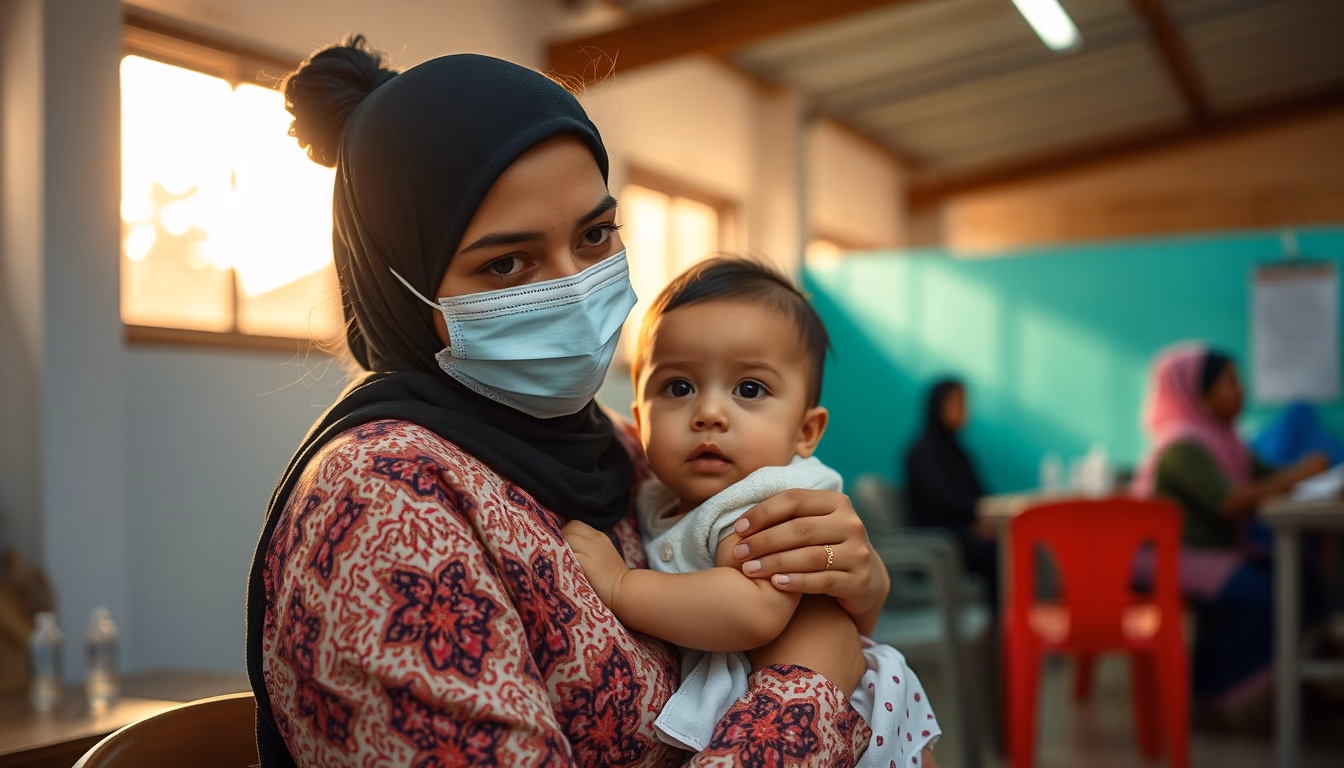 Mother and child at vaccination clinic em estilo editorial