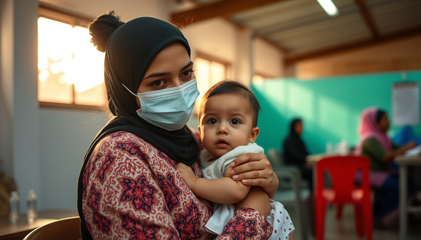 mother and child at vaccination clinic in editorial style