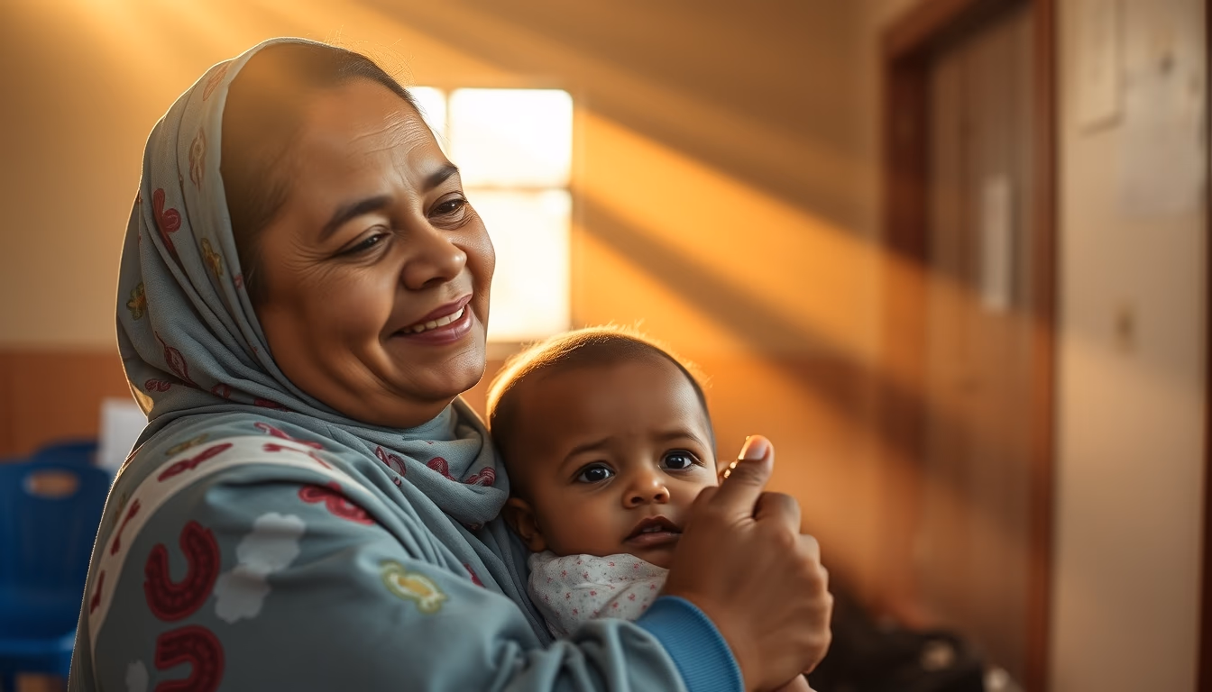 mother and child at vaccination clinic in editorial style
