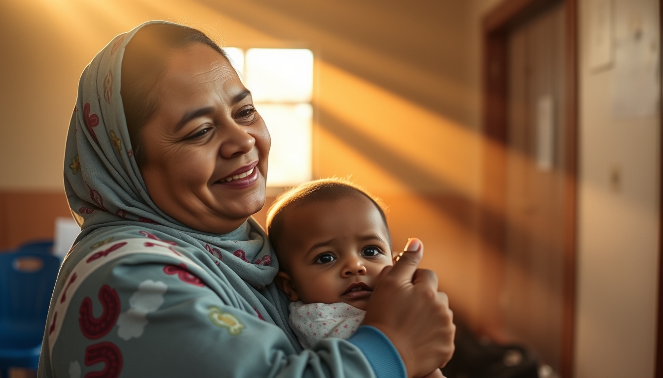 Mother and child at vaccination clinic em estilo editorial