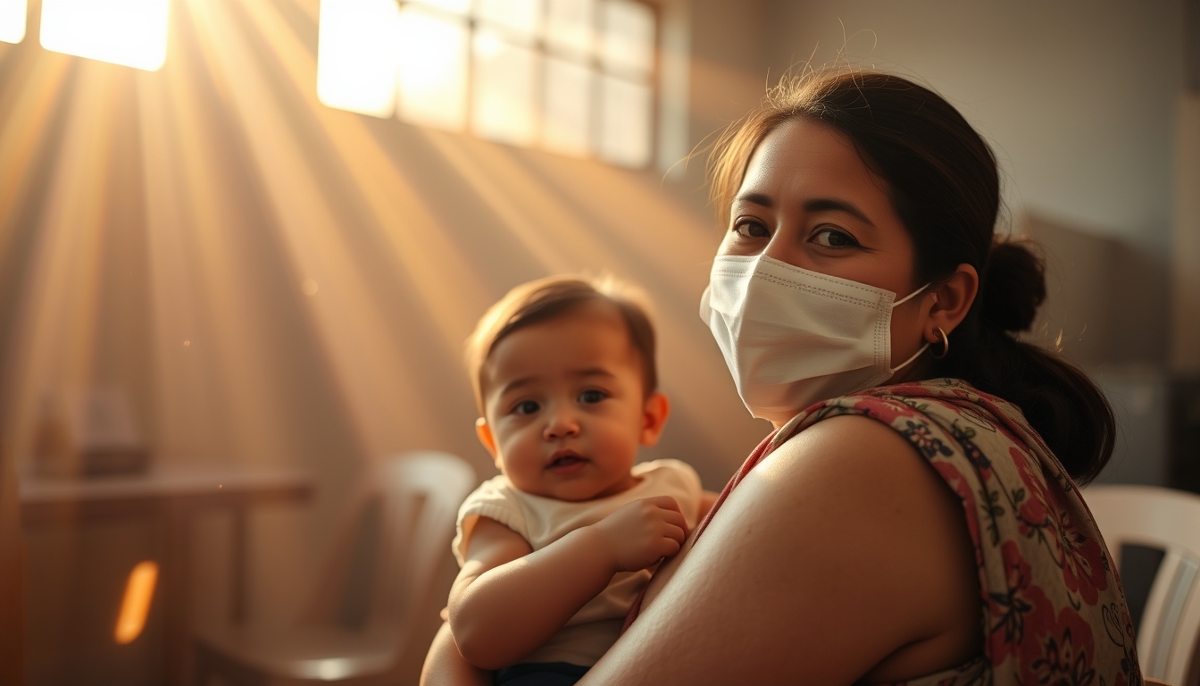 mother and child at vaccination clinic in editorial style