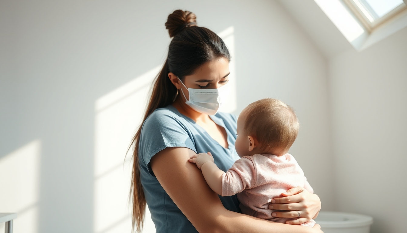 mother and child at vaccination clinic in editorial style