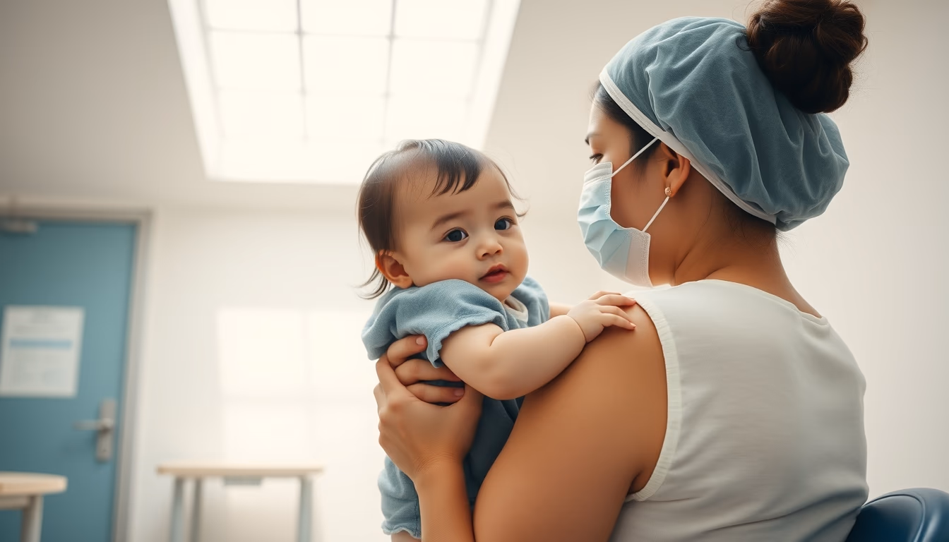Mother and child at vaccination clinic em estilo editorial