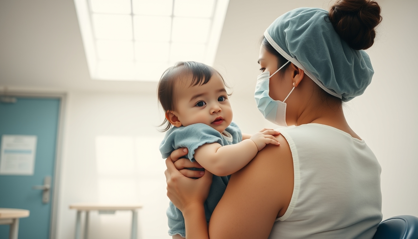 mother and child at vaccination clinic in editorial style