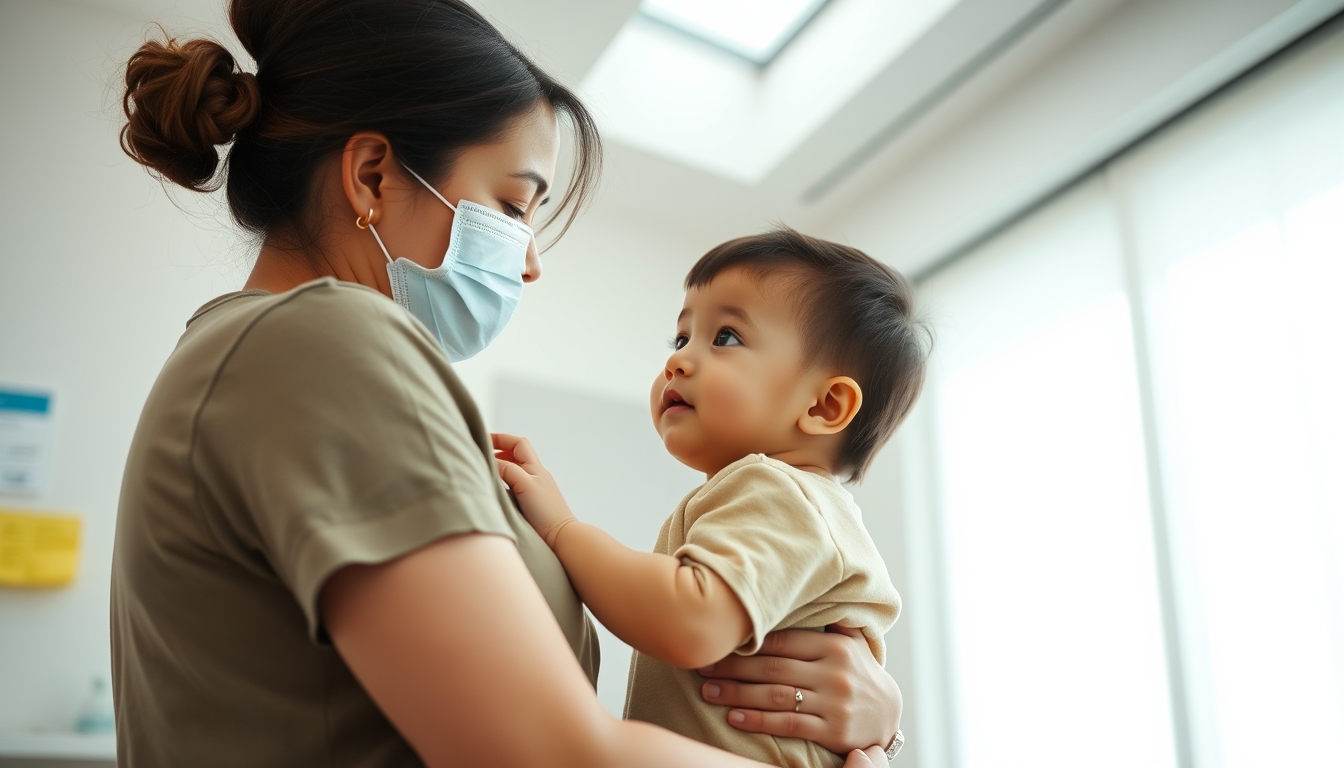 mother and child at vaccination clinic in editorial style