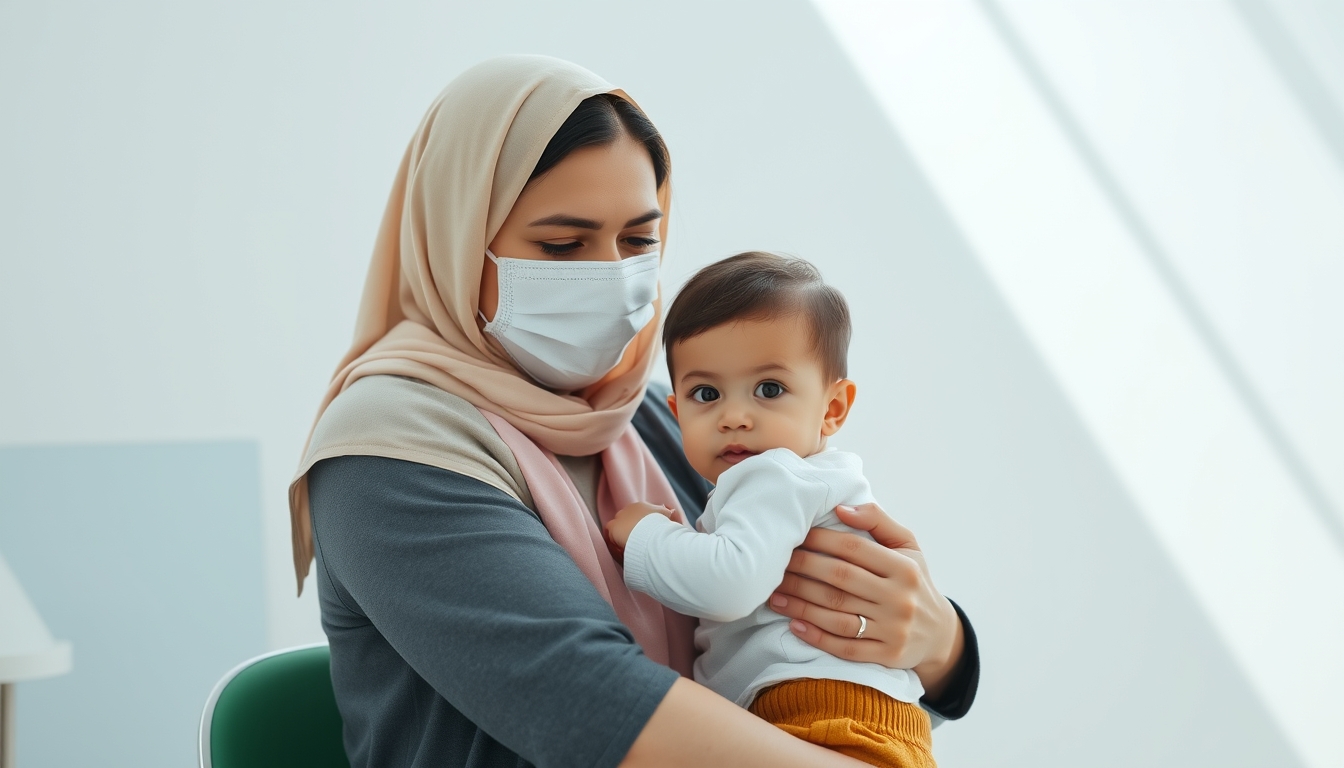 mother and child at vaccination clinic in editorial style