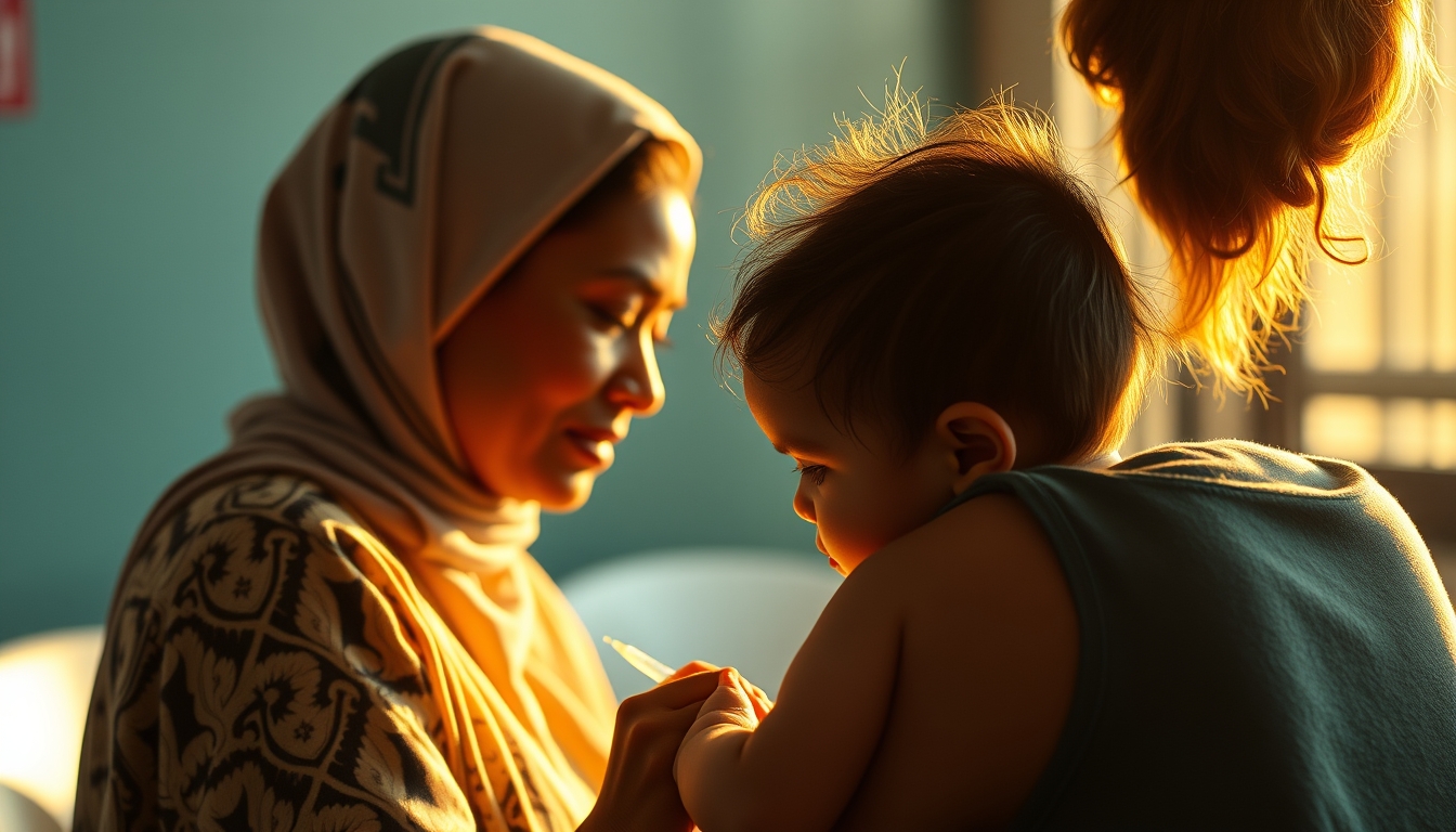 mother and child at vaccination clinic in editorial style