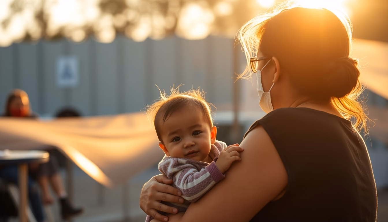 Mother and child at vaccination clinic em estilo editorial