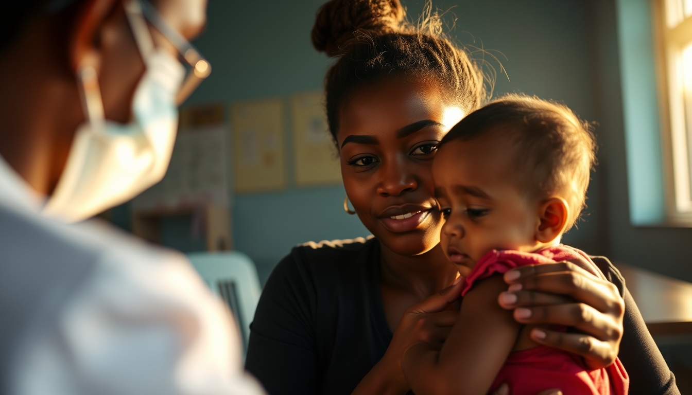 mother and child at vaccination clinic in editorial style