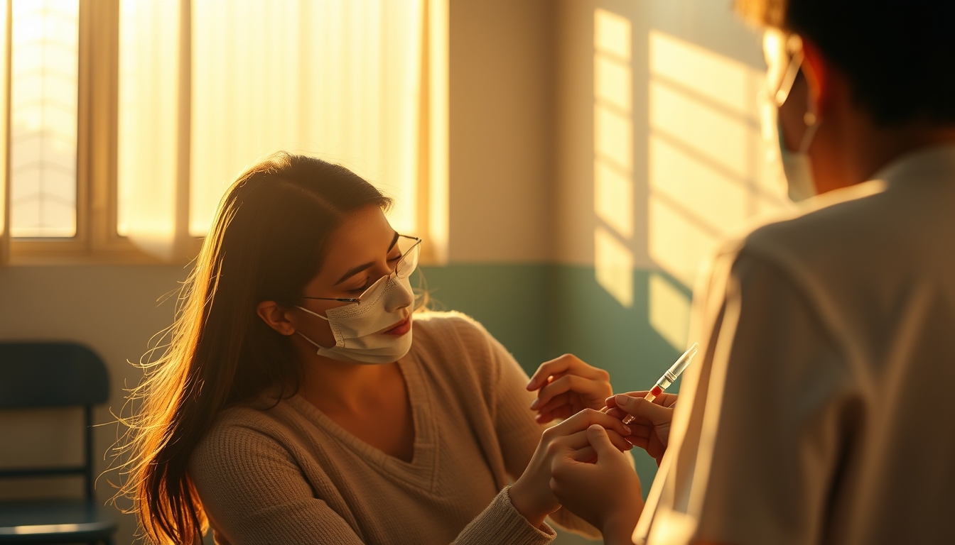 mother and child at vaccination clinic in editorial style