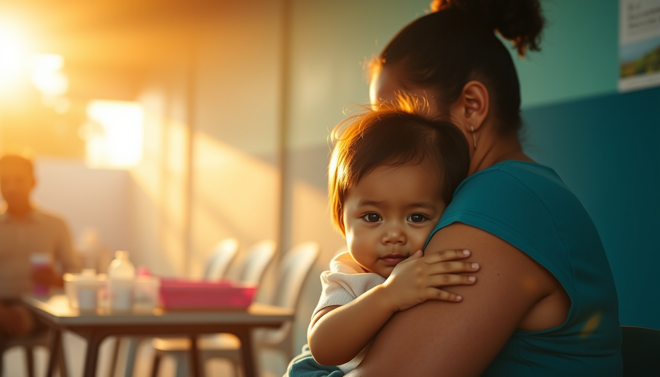 Mother and child at vaccination clinic em estilo editorial