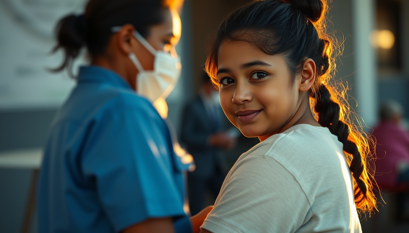 Mother and child at vaccination clinic em estilo editorial