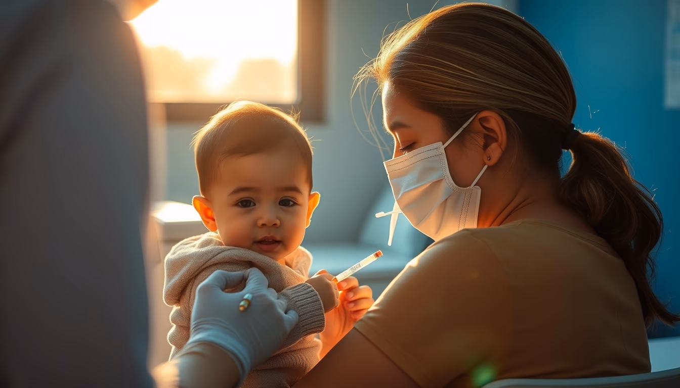 Mother and child at vaccination clinic em estilo editorial