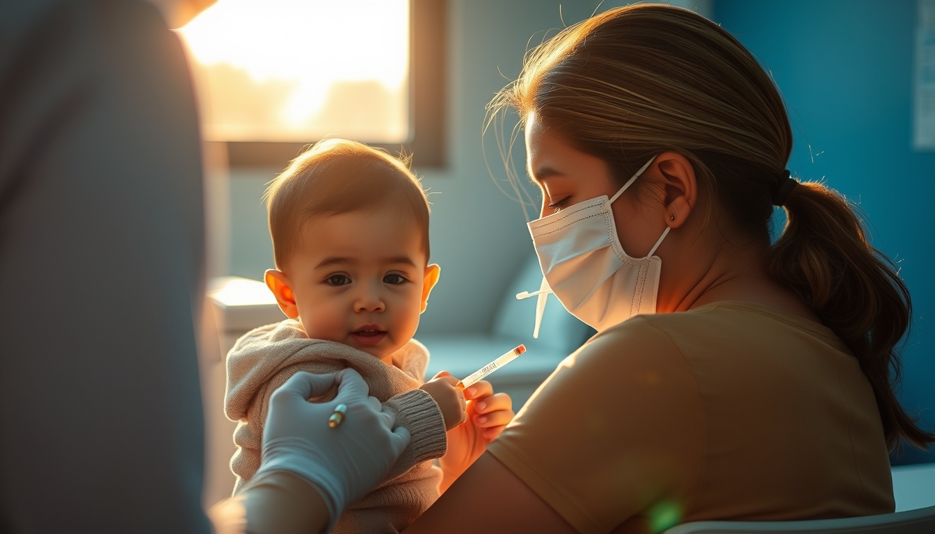 mother and child at vaccination clinic in editorial style