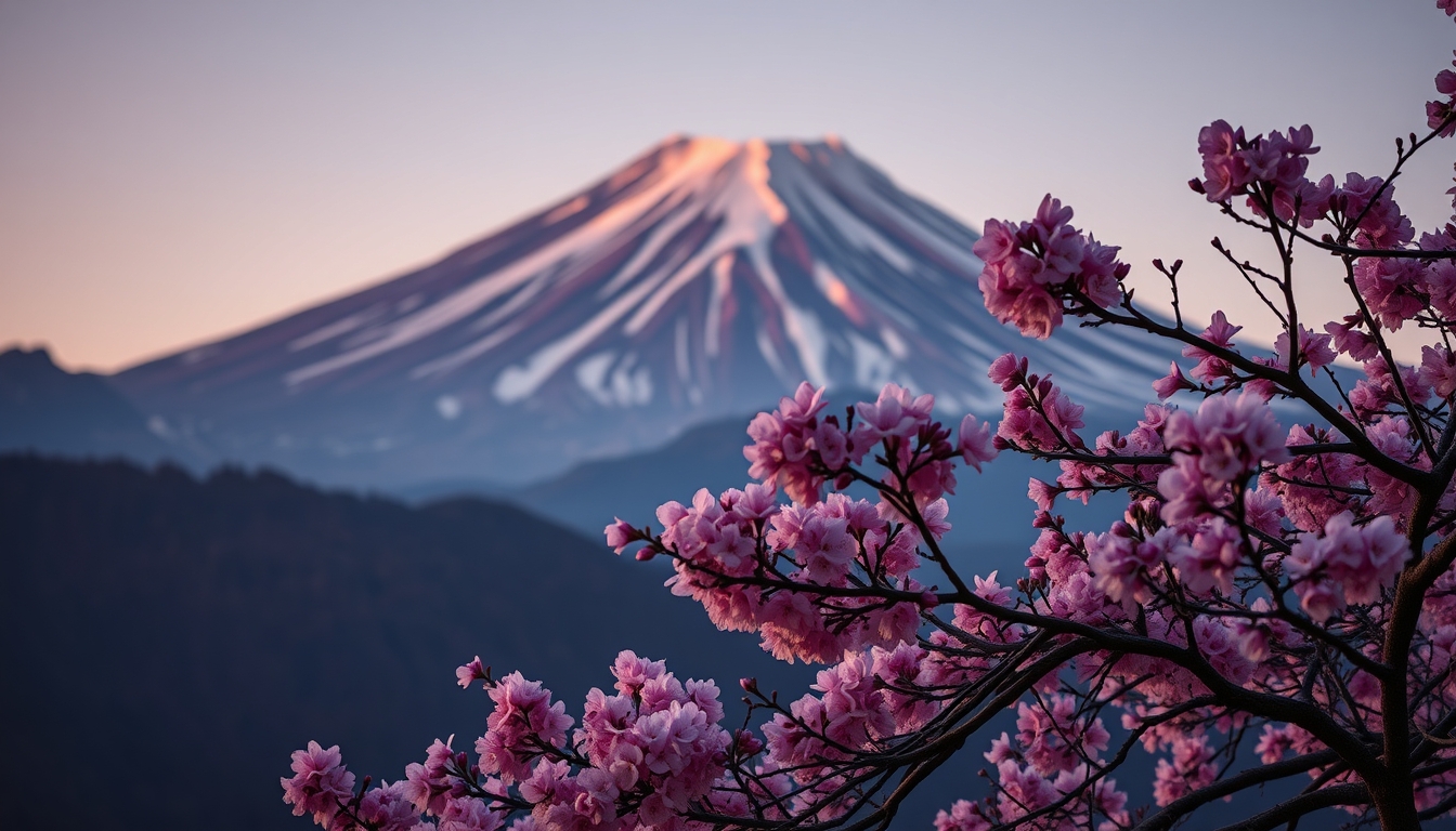 mount fuji cherry blossoms in editorial style