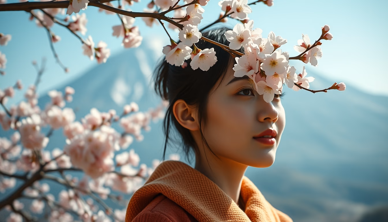 mount fuji cherry blossoms in editorial style