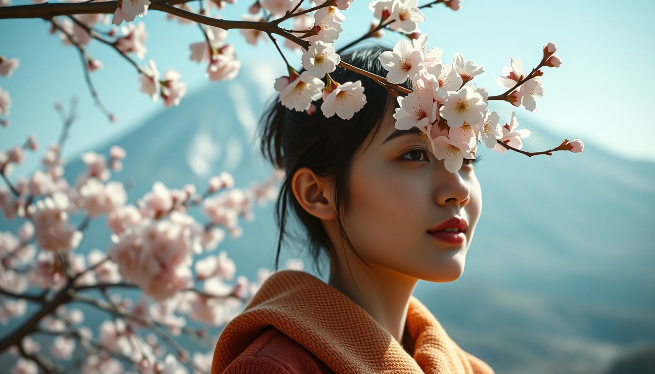mount fuji cherry blossoms in editorial style