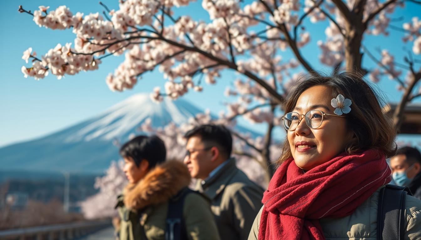 mount fuji cherry blossoms in editorial style
