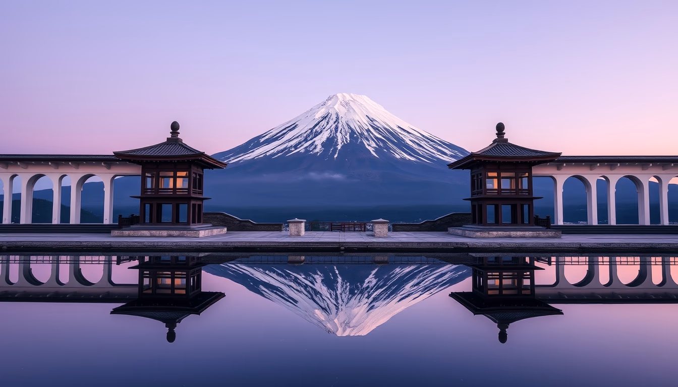 mount fuji japan reflection in editorial style