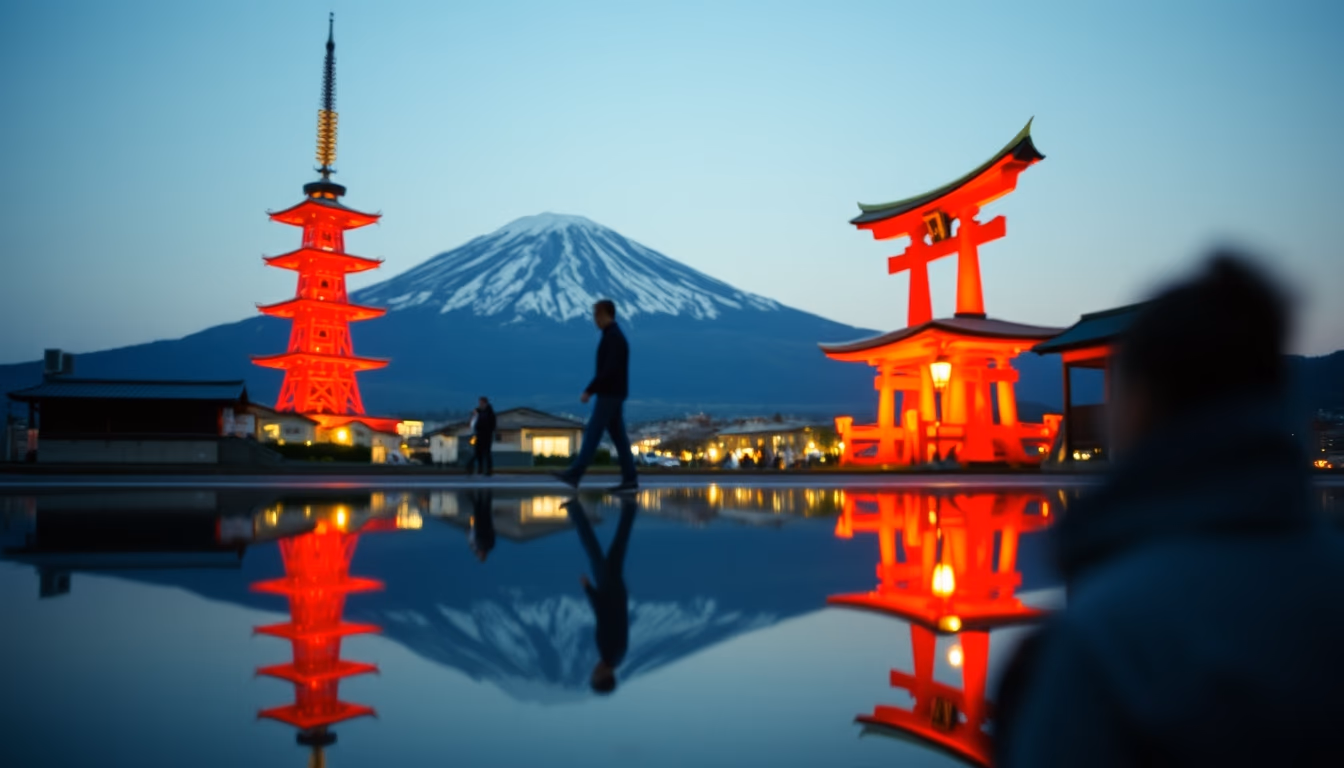 mount fuji japan reflection in editorial style