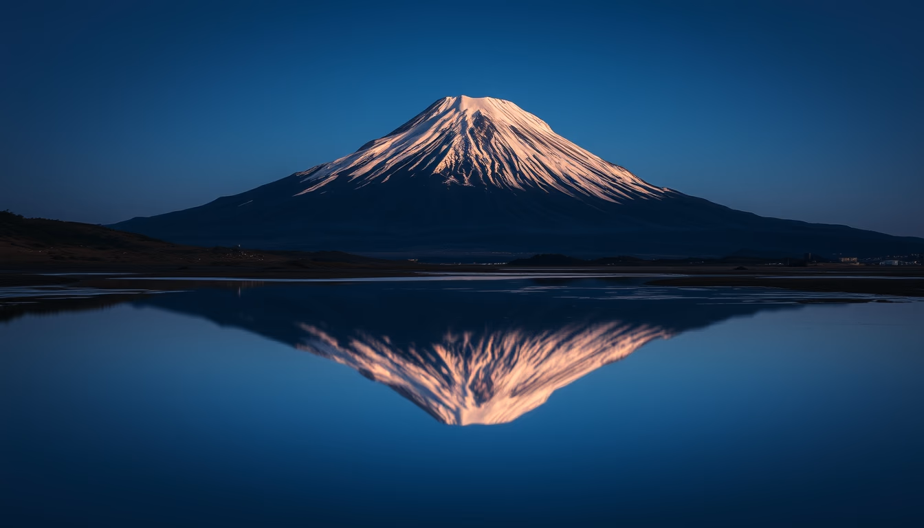 mount fuji japan reflection in editorial style