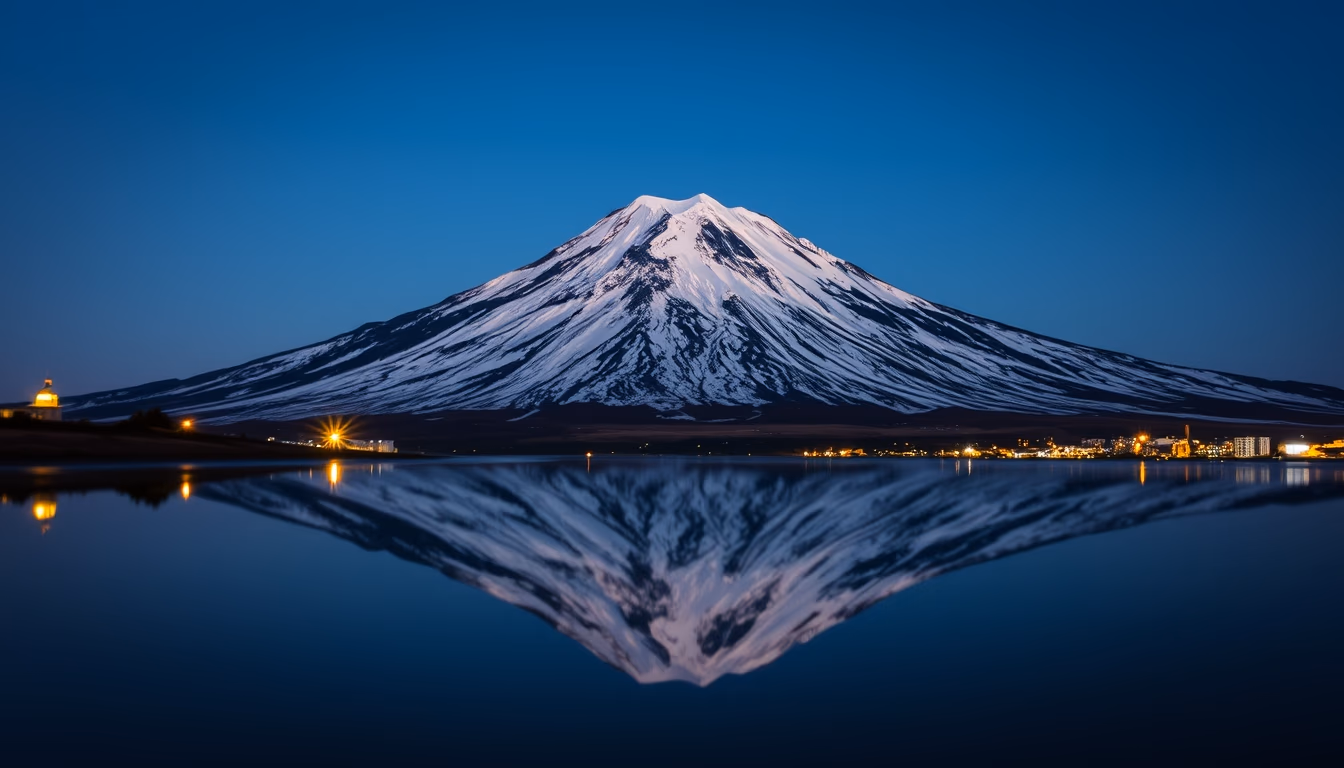 mount fuji japan reflection in editorial style