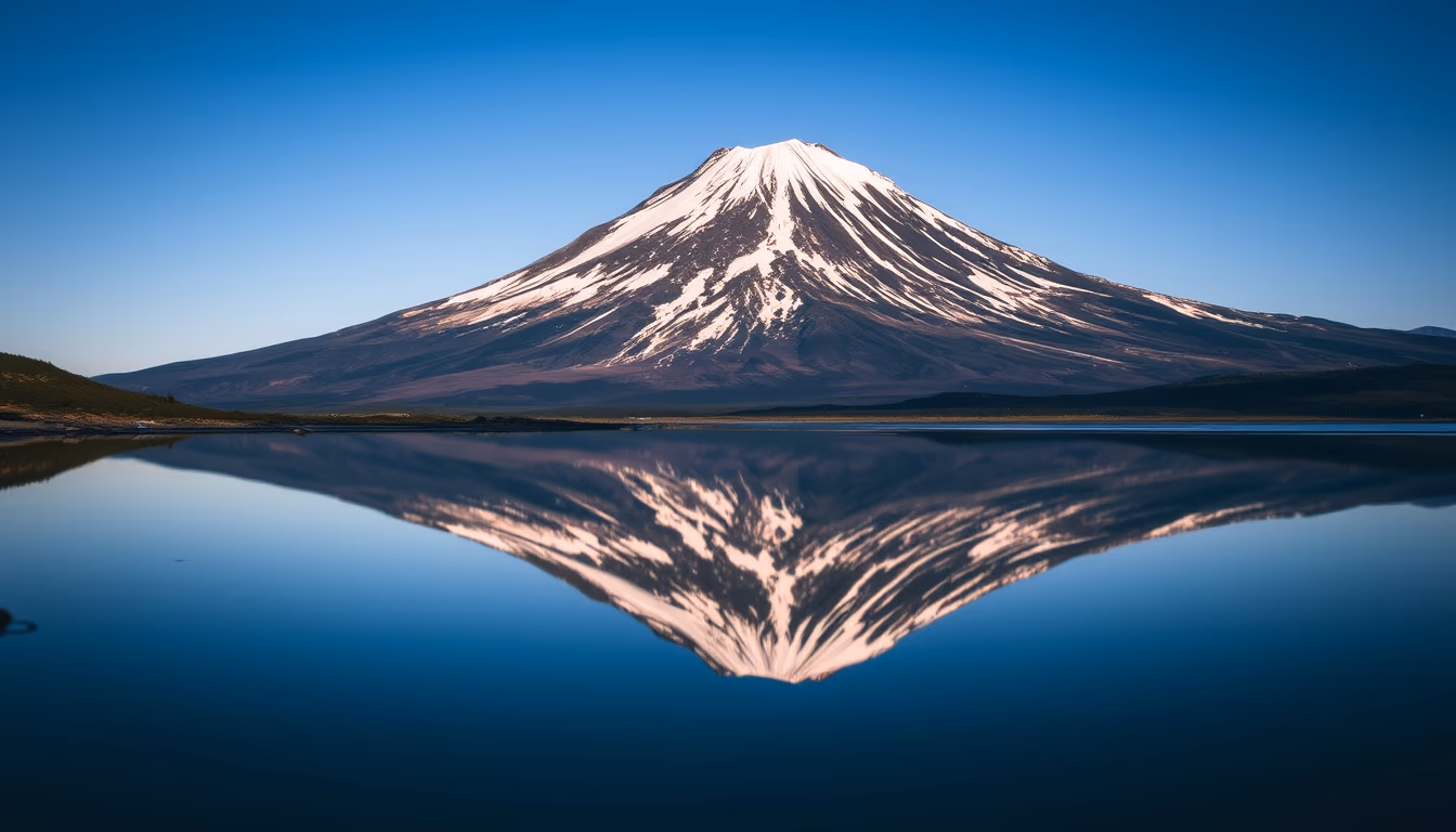 mount fuji japan reflection in editorial style