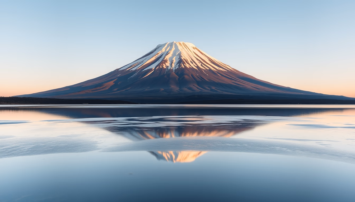 mount fuji japan reflection in editorial style