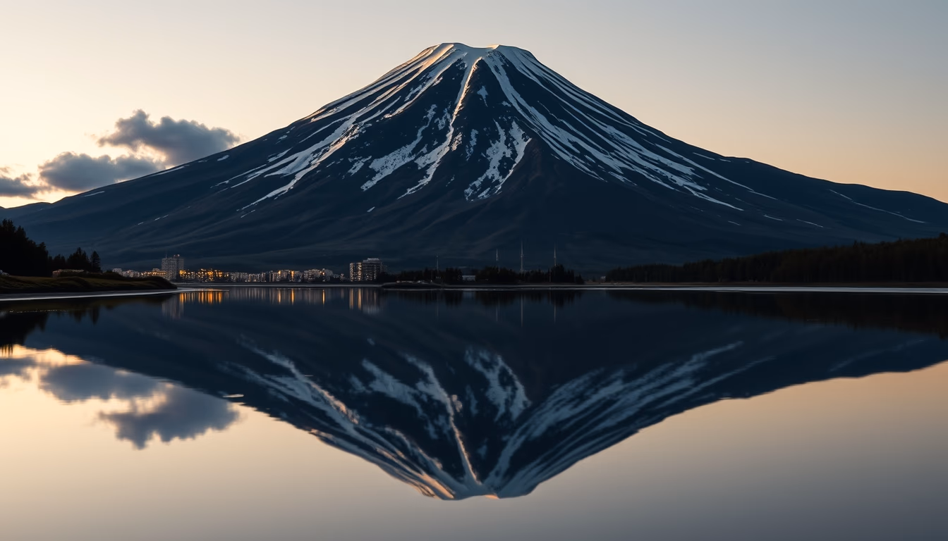 mount fuji japan reflection in editorial style