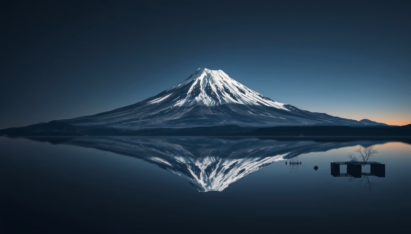 mount fuji japan reflection in editorial style