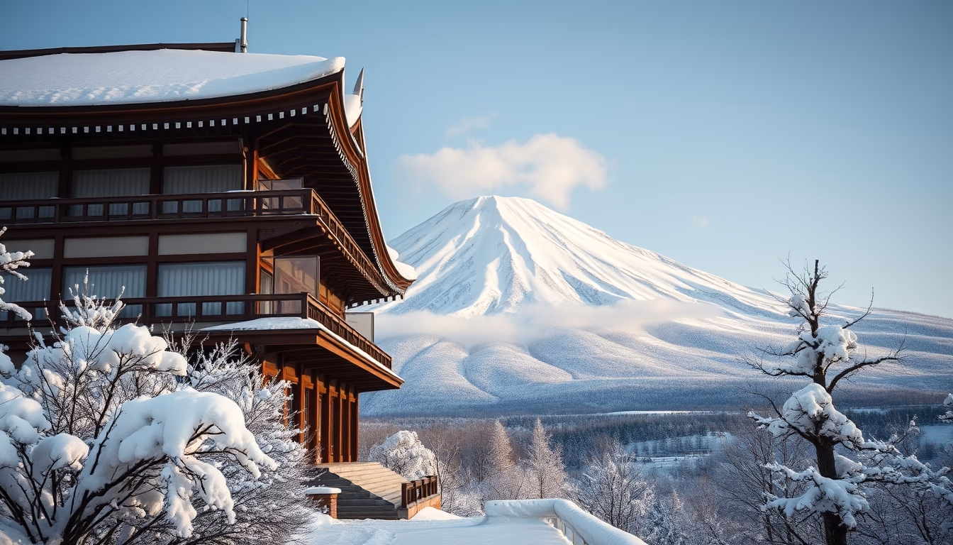 mount fuji winter snow in editorial style