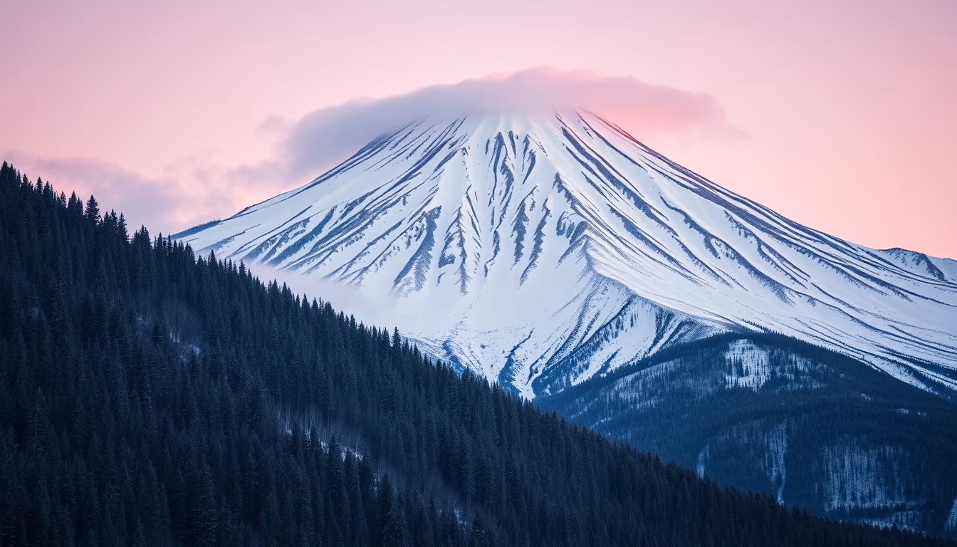mount fuji winter snow in editorial style