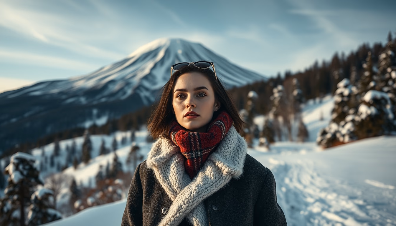 mount fuji winter snow in editorial style