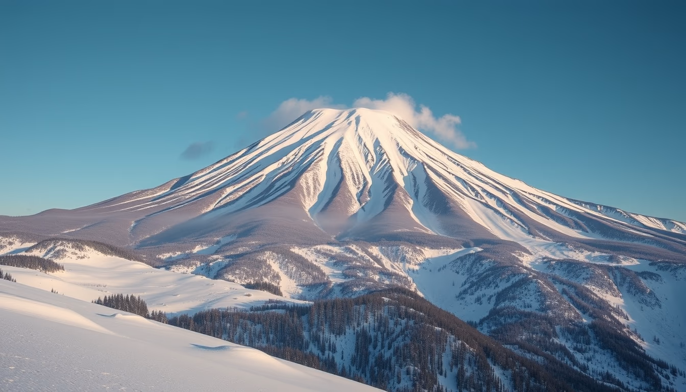 mount fuji winter snow in editorial style